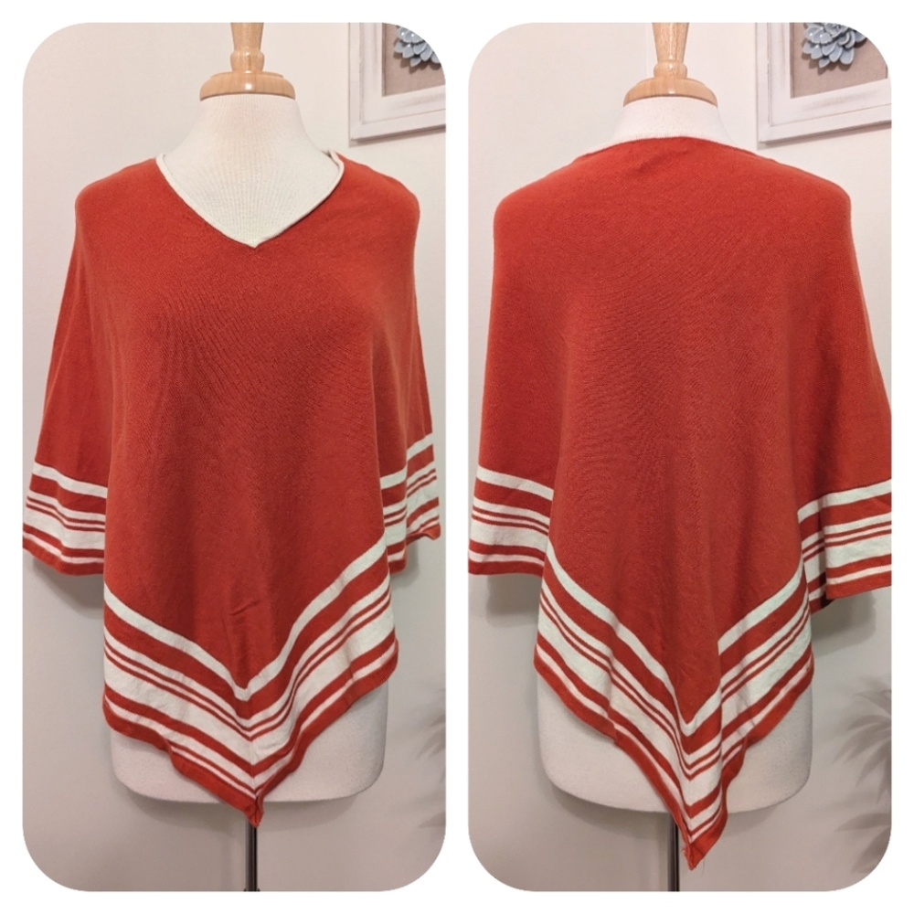 New York & Company Vintage Poncho Striped Rust Orange White